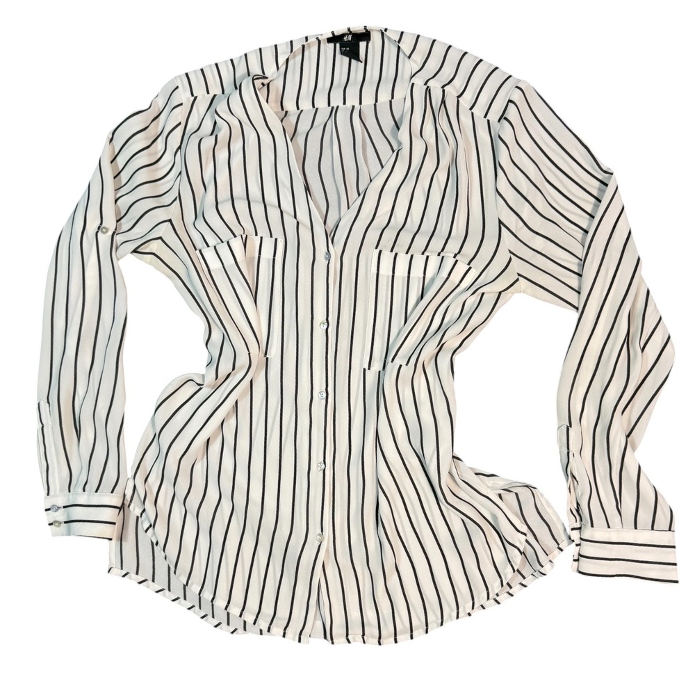 H&M Striped Blouse Womens Size 10 White Black V-Neck Roll Tab Sleeve Button Down - Picture 11 of 14